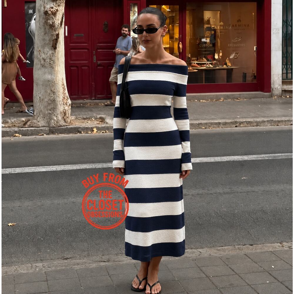ZARA Striped Knit Off Shoulder Midi Dress NWT Size M - Picture 9 of 16